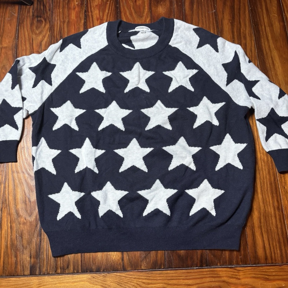 Minnie Rose Blue White Star Contrast Pullover Sweater Cashmere Blend Sz M A1827